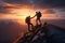 Triumph of friendship as two hikers help each other reach the mountain summit, catching in the golden glow of a sunset on top. Ai