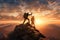 Triumph of friendship as two hikers help each other reach the mountain summit, catching in the golden glow of a sunset on top. Ai