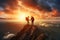 Triumph of friendship as two hikers help each other reach the mountain summit, catching in the golden glow of a sunset on top. Ai