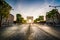 Triumphal Arch at the end of Champs-Elysees street before sunset