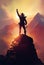 Triumphant climber on the peak of the mountain, silhouette at sunset. AI generated