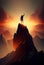 Triumphant climber on the peak of the mountain, silhouette at sunset. AI generated