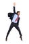 Triumphant excited businessman leaping in the air yelling