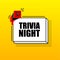 Trivia Night banner template. Marketing flyer with megaphone. Isometric and pixel style. Template for retail promotion