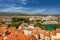 Trogir in Croatia, town panoramic view with red roof tiles, Croatian tourist destination. Trogir town sea front view, Croatia.