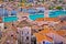 Trogir landmarks rooftops and turquoise sea view