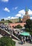 Troitskaya Tower in the center of the northwestern wall of the Moscow Kremlin is the main visitors ` entrance into the Kremlin. Pe