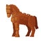 Trojan horse. Wooden scratch statue of ancient troy and history greece war, mythical monument trojans old horses in