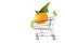 A trolley with a Christmas citrus tangerine with a green leaves.Isolated objects: toy Christmas tangerine in a shopping cart, on
