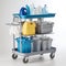 Trolley with detergents of a cleaning company worker, a janitor, isolated on a white