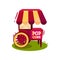 Trolley with popcorn machine. Carnival vending cart. Tasty snack. Cartoon vector design