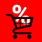 Trolley and shopping cart with symbol of percentage