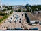 Trolleybuses in the parking lot at depot, aerial view