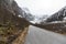 Trollstigen with snow in april 2017. This serpentine mountain road in Rauma, Norway, is closed in winter and early