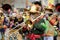 Trombone player in colorful marching band at Carnival parade, St