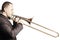 Trombone player. Trombonist playing brass instrument  on white