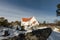 Tromoy church at Hove, Tromoy in Arendal, Norway. White church, blue sky, sunny day.