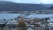 Tromsoe city island overview video with car traffic, fjord and bridge view in late autumn