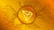 TRON cryptocurrency token symbol, TRX coin icon in circle with pcb on gold background.