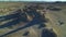 Trona Pinnacles Rock Spires Silhouettes in Mojave Desert Near Death Valley California Aerial Shot Descend Tilt Up