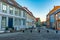 TRONDHEIM, NORWAY, APRIL 15, 2019: Sunset view of a narrow street in the Brygge district of Trondheim, Norway