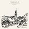 Trondheim, Norway, wooden houses and a church. Hand drawn vntage touristic postcard