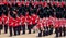 Trooping the Colour parade at Horse Guards, London UK, with soldiers in iconic red and black uniform and bearskins