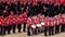 Trooping the Colour parade at Horse Guards, London UK, with soldiers in iconic red and black uniform and bearskins