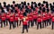 Trooping the Colour parade at Horse Guards, London UK, with soldiers in iconic red and black uniform and bearskins