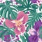 Tropcal flowers and palm leaves seamless pattern. Floral summer