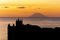 Tropea, Calabria, Italy, sunset with view of the Stromboli volcano and the Church of Santa Maria dell`Isola, church, monastery, se