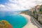 Tropea town colorful stone buildings on top of cliff, Calabria,