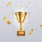 Trophy award. Champion winner cup, 3d gold soccer victory prize, tournament win golden confetti. Victory goblet