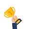 Trophy award winner cartoon design. Hand holding trophy prize success vector concept