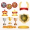 Trophy Awards Cups, Golden Laurel Wreath With Red Ribbon And Gold Shield. Realistic Golden, Silver, Bronze Achievement