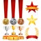 Trophy Awards Cups, Golden Laurel Wreath With Red Ribbon And Gold Shield. Realistic Golden, Silver, Bronze Achievement