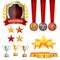 Trophy Awards Cups, Golden Laurel Wreath With Red Ribbon. Realistic Golden, Silver, Bronze Achievement Medals. Sports
