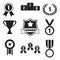 Trophy and awards icons set: Badge With Ribbons, Laurel wreath,Trophy cup, Medal and Shield. First place or victory sign or symbol