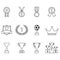 Trophy and awards outline icon set: laurel wreath, winning trophy cup, crown, medals, pedestal, badges and ribbons. Vector.