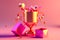 Trophy cup with floating gift, heart, ribbon and geometric shapes on pink background, concept for celebration, winner