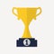 Trophy Cup icon on prize podium. First place award or Champions cup. Flat design. Vector illustration.