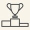 Trophy Cup on prize podium line icon. Champions or winners goblet pedestal outline style pictogram on beige background