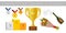 Trophy elements vector collection. Medals, flowers, winner cup, award winning podium pedestal and champagne isolated on white