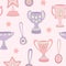 Trophy and medal vector seamless repeat pattern background in pink and purple.