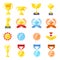 Trophy medals and cups set isolated on white background. Cartoon trophy elements for games, web, icons, packages etc. Vector