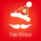 Tropic Christmas card. Mustache and hat of Santa with a summer ornament. Happy New Years background