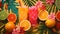 Tropic cocktails on tropical background. Colorful holidays set with cocktails, palm tree leaves and citrus fruits. African banner