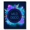 Tropic disco party flyer. Design template. Tropical leaves, blue neon glowing. Advertisement, background. Night club banner