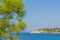 Tropic edge of forest in Aegean sea lagoon rocky waterfront beach shoreline with vivid green cedar branches above the water