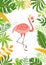 Tropic flamingo card, tropical leaves tropical leaves plants. Summer card template. Vector